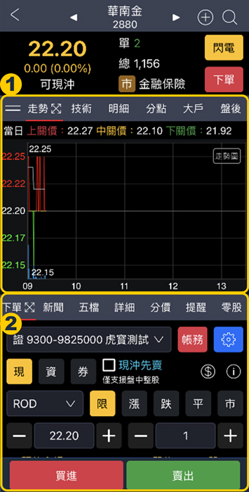 上方視窗：邊看股價走勢變化，下方視窗：股票交易下單無時差