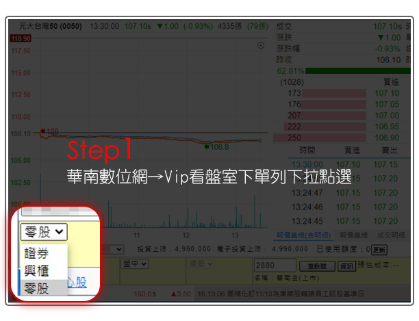 華南數位網 Step1 華南數位網→Vip看盤室下單列下拉點選